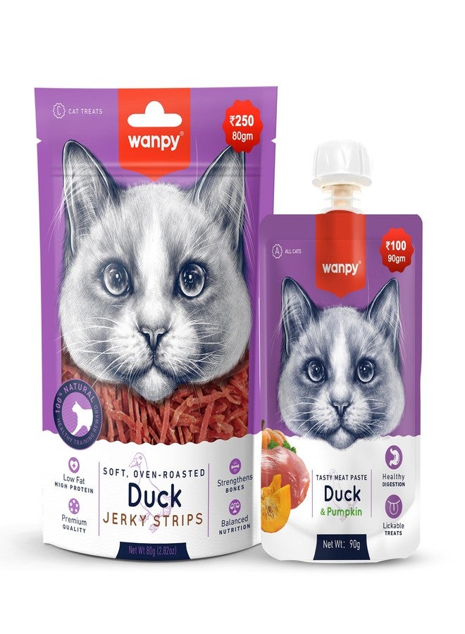 Wanpy Grain-Free Duck Meat Paste Natural Cat Food Topper, No Preservatives & Oven-Roasted Duck Jerky Strips for Cats, Paste 90gm x1, Jerky 80 x1 | (Pack of 2)